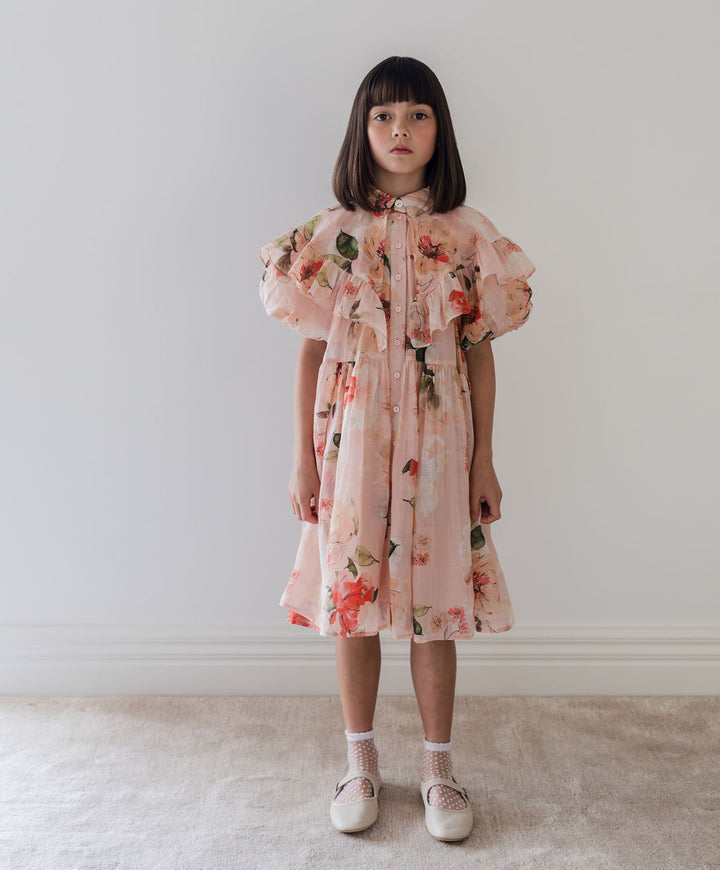 1255-Short/Sleeve Peach Peony Collar Dress-Peach Peony Print