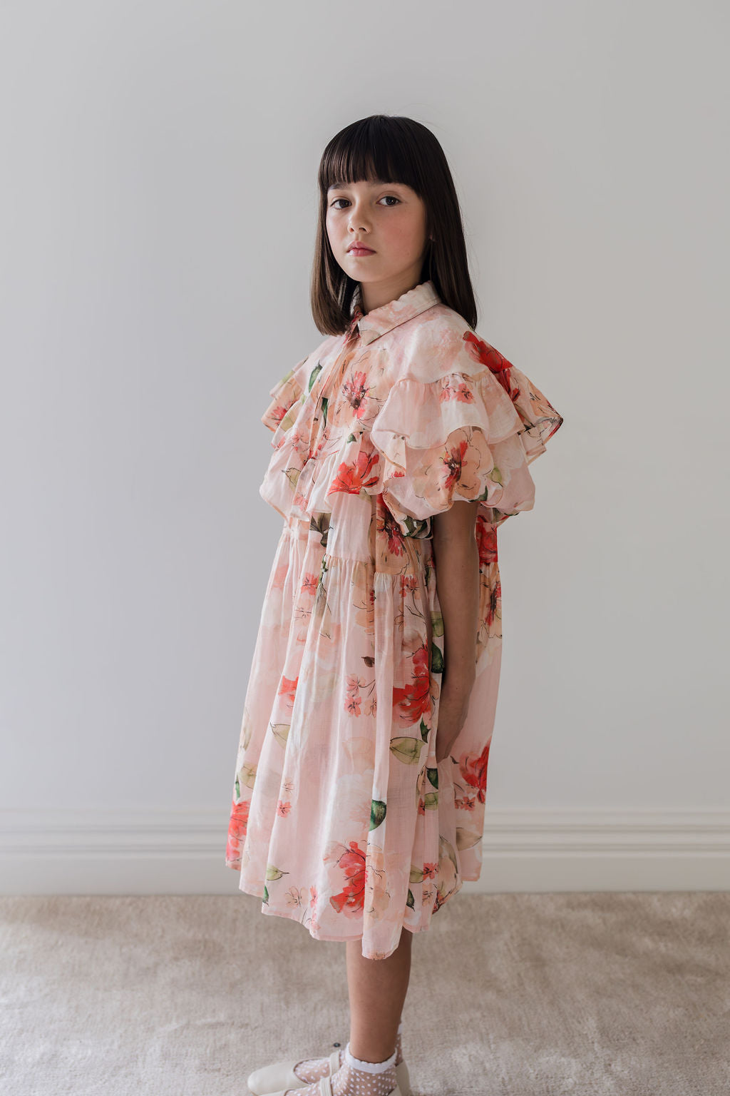 1255B ELBOW-Linen Collar Dress-Peach Peony Print 3/4 sleeve