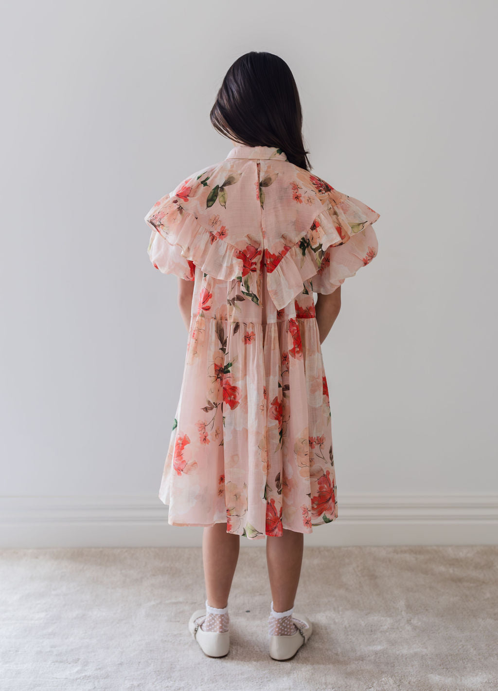 1255-Short/Sleeve Peach Peony Collar Dress-Peach Peony Print