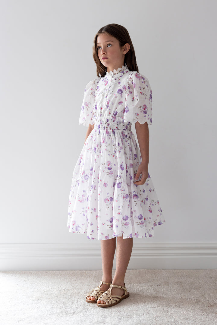 1277B-LILAC FLORAL PRINT SHIRRED WAIST DRESS
