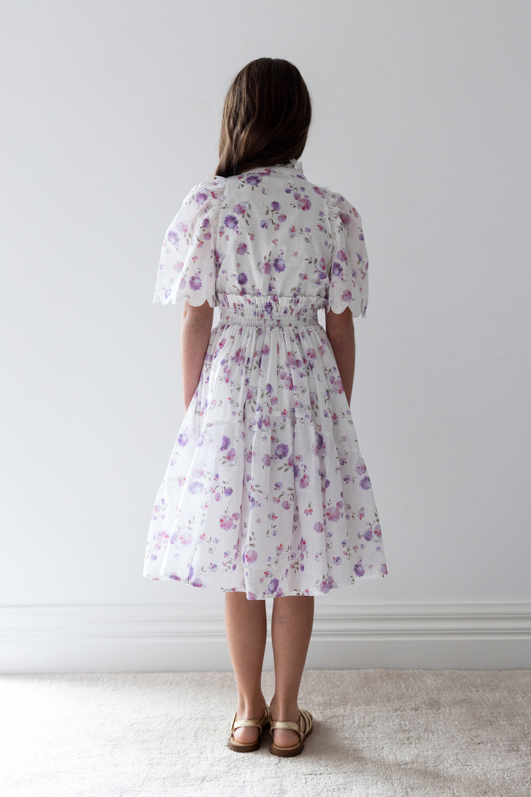 1277B-LILAC FLORAL PRINT SHIRRED WAIST DRESS