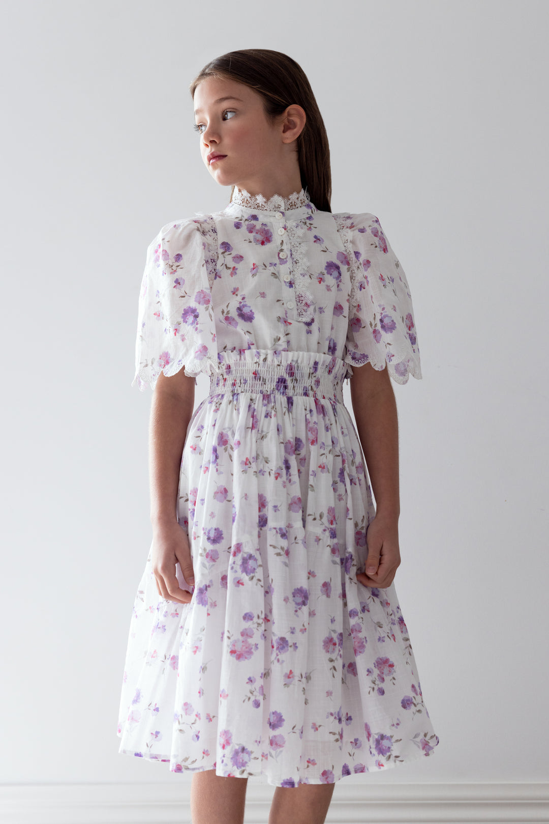 1277B-LILAC FLORAL PRINT SHIRRED WAIST DRESS