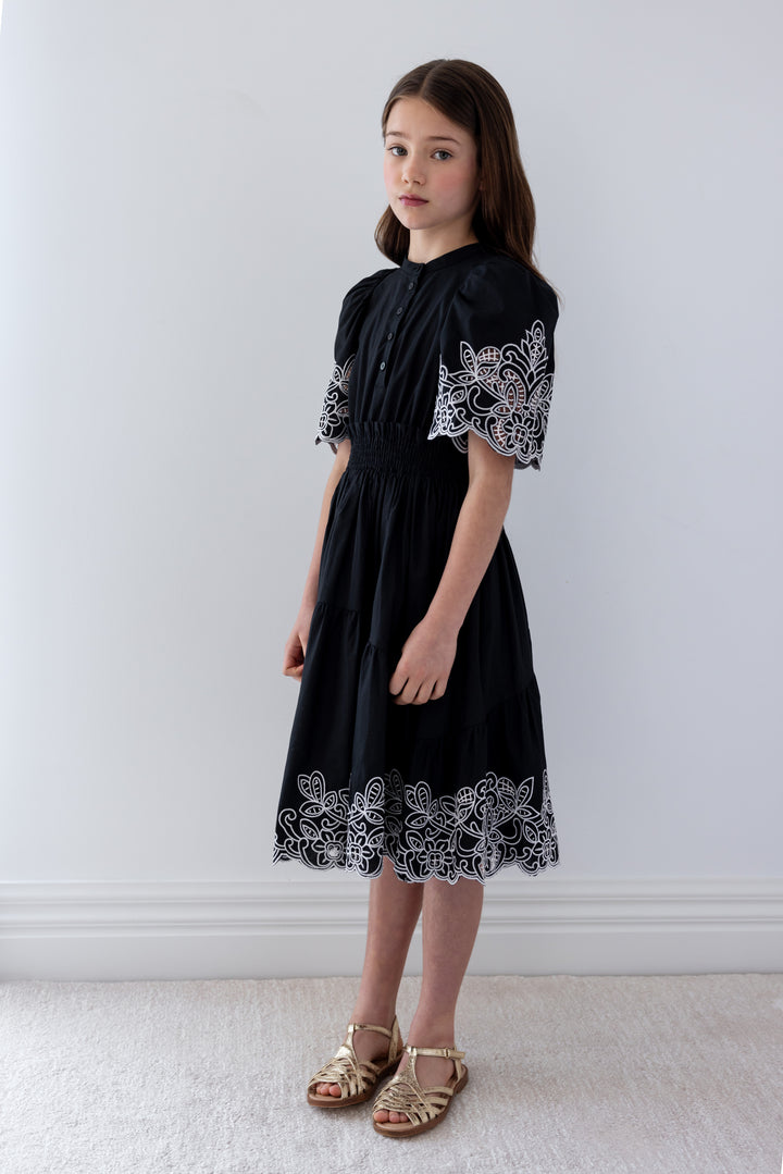 1277C-BLACK/CREAM SHIRRED EMBRODIERED DRESS