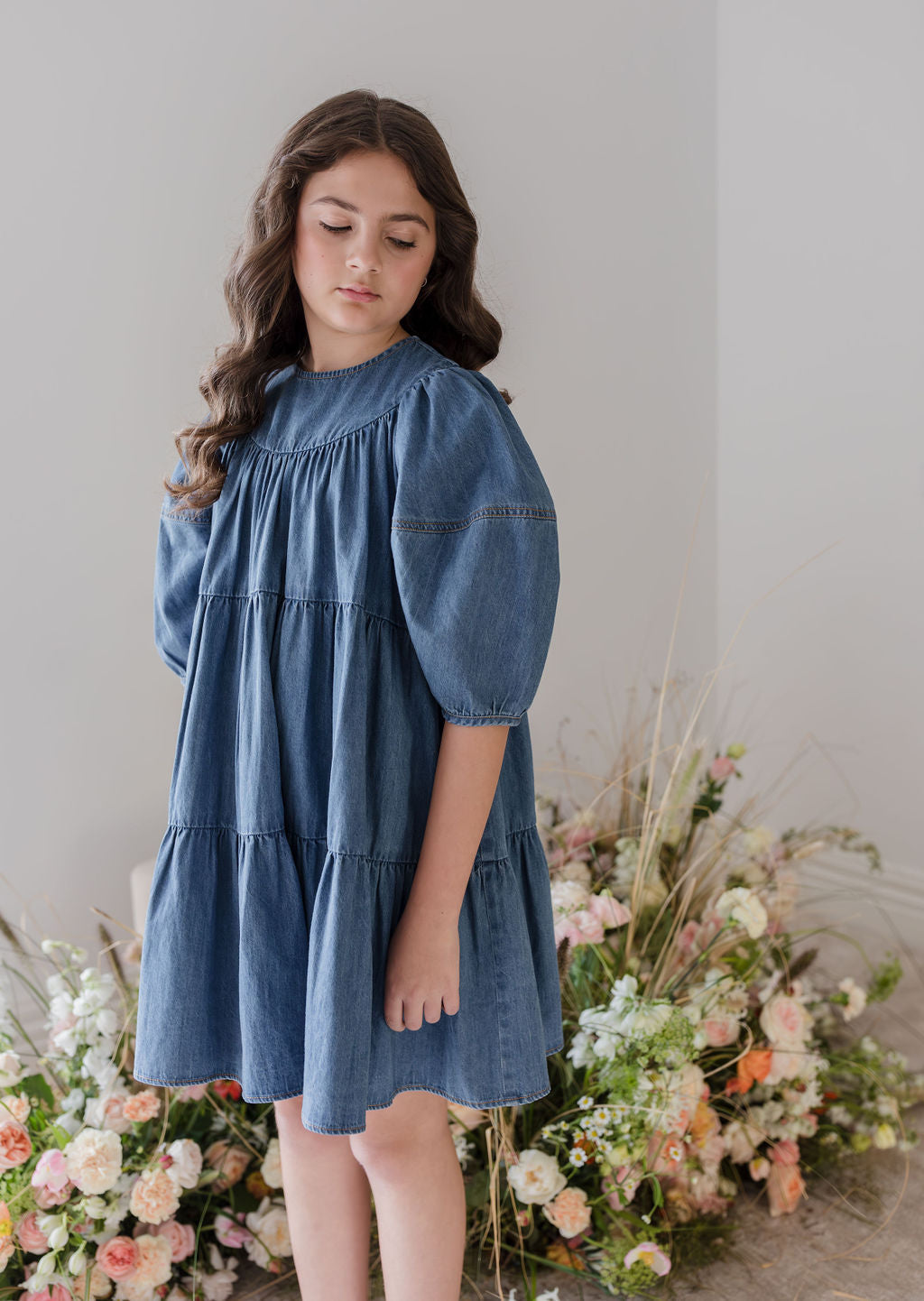 1286-Full Sleeve Chambray Smock Dress-Mid Wash Chambray