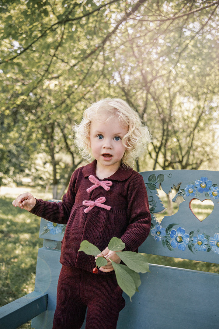 NKN635 KNIT JACKET SET WITH CONTRAST BOWS - WINE