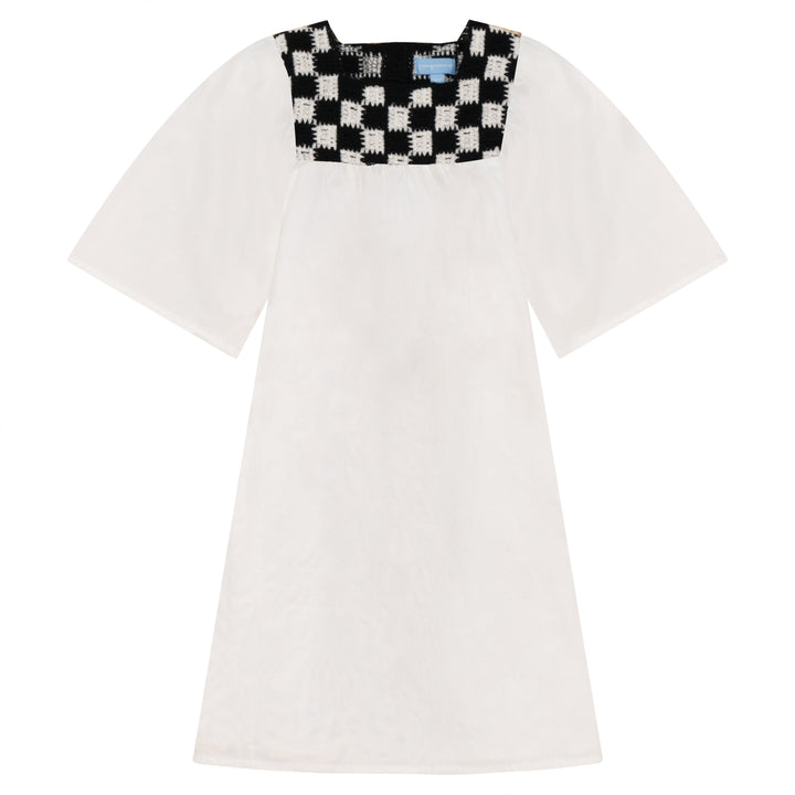1300-White/Black-SQUARE CROCHET YOKE DRESS