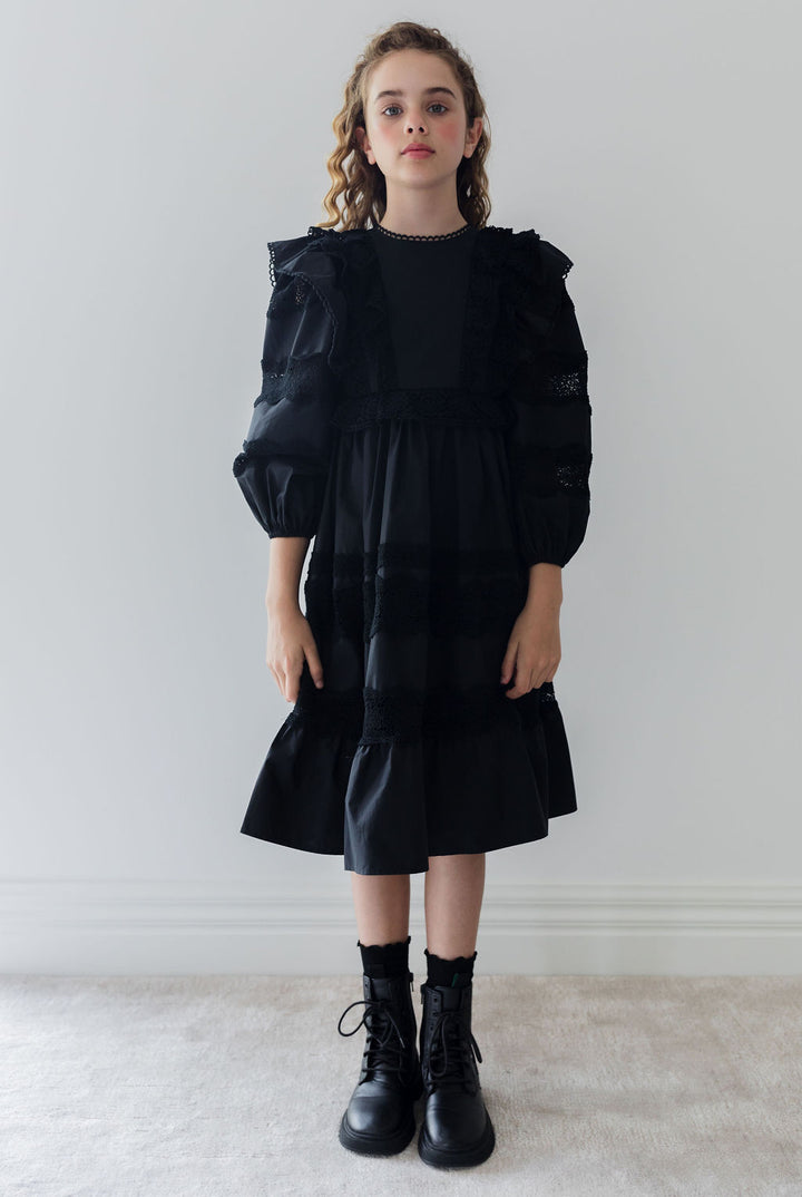 1331-Poplin Lace Ruffle Dress-Black