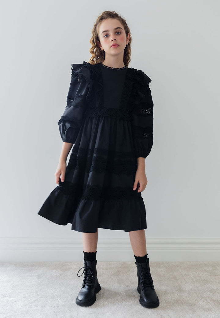 1331-Poplin Lace Ruffle Dress-Black