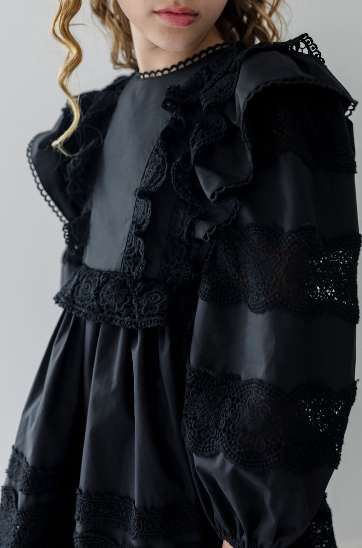 1331-Poplin Lace Ruffle Dress-Black