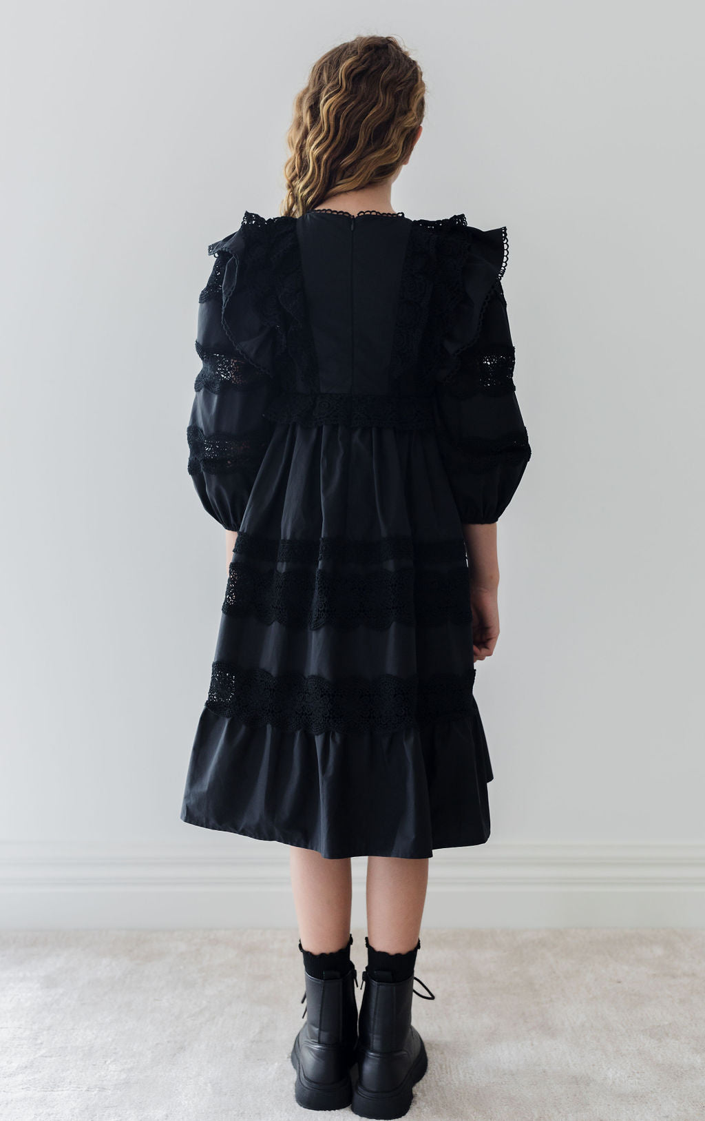 1331-Poplin Lace Ruffle Dress-Black