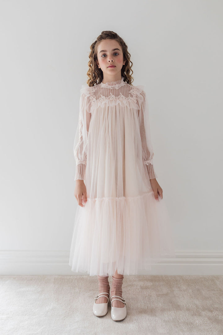 1337B-Pintuck Lace Yoke Dress-Cream
