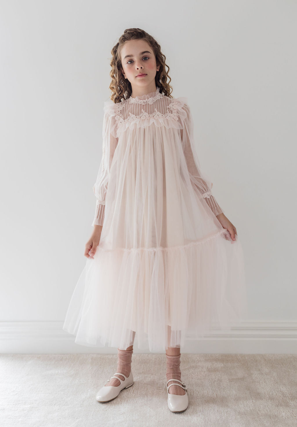 1337B-Pintuck Lace Yoke Dress-Cream