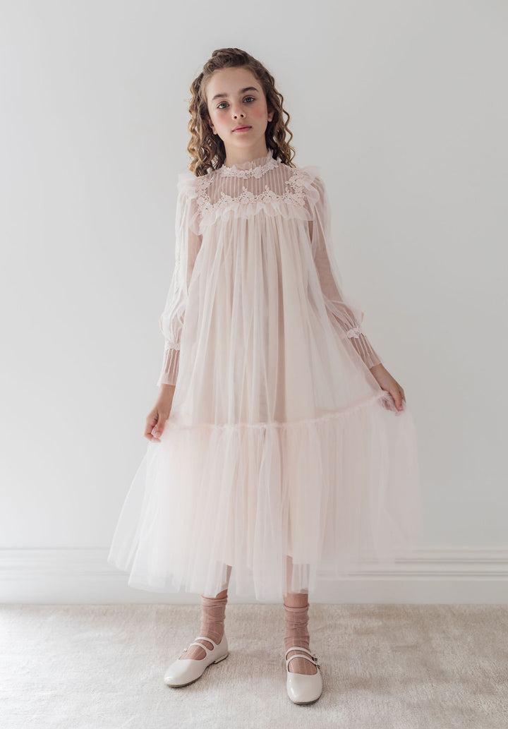 1337B-Pintuck Lace Yoke Dress-Cream