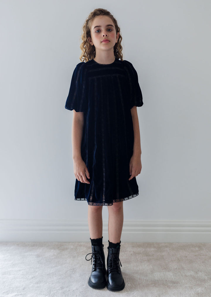 1348-Vertical Lace Velvet Dress-Navy/Black