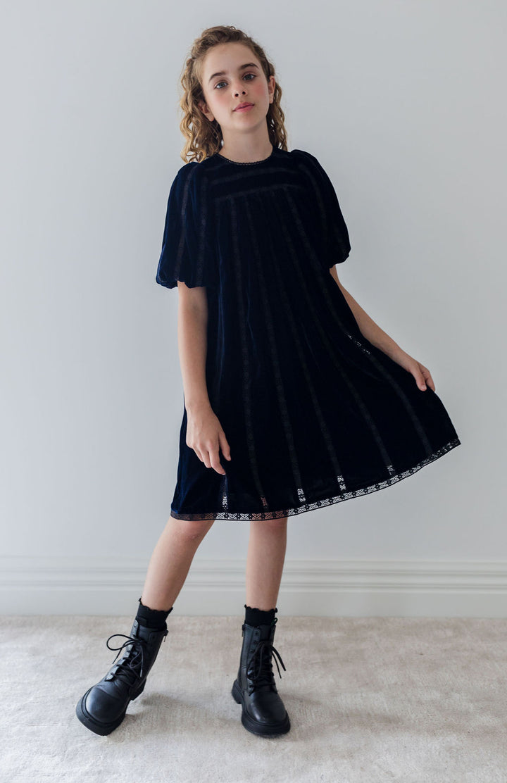 1348-Vertical Lace Velvet Dress-Navy/Black