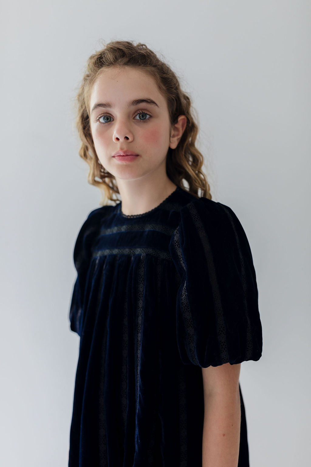 1348-Vertical Lace Velvet Dress-Navy/Black