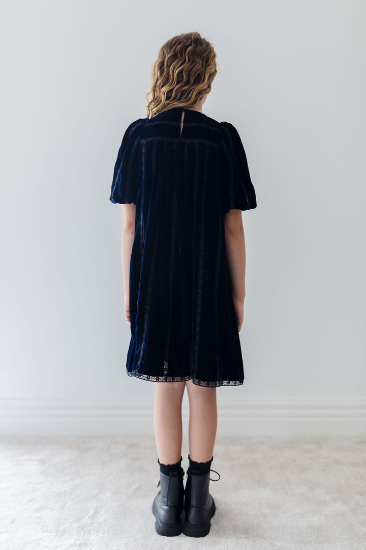 1348-Vertical Lace Velvet Dress-Navy/Black