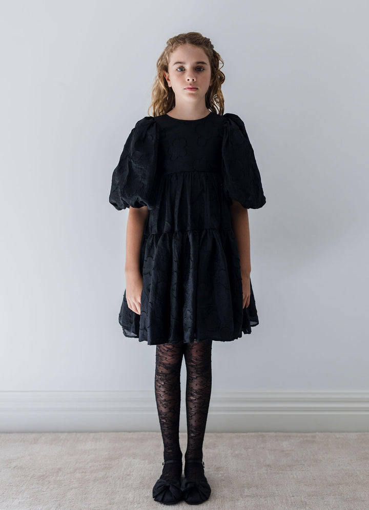 1359CH-Burnout Dress with Organza Bow-Black