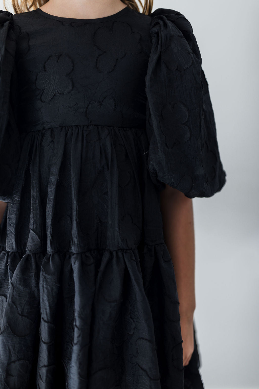 1359CH-Burnout Dress with Organza Bow-Black