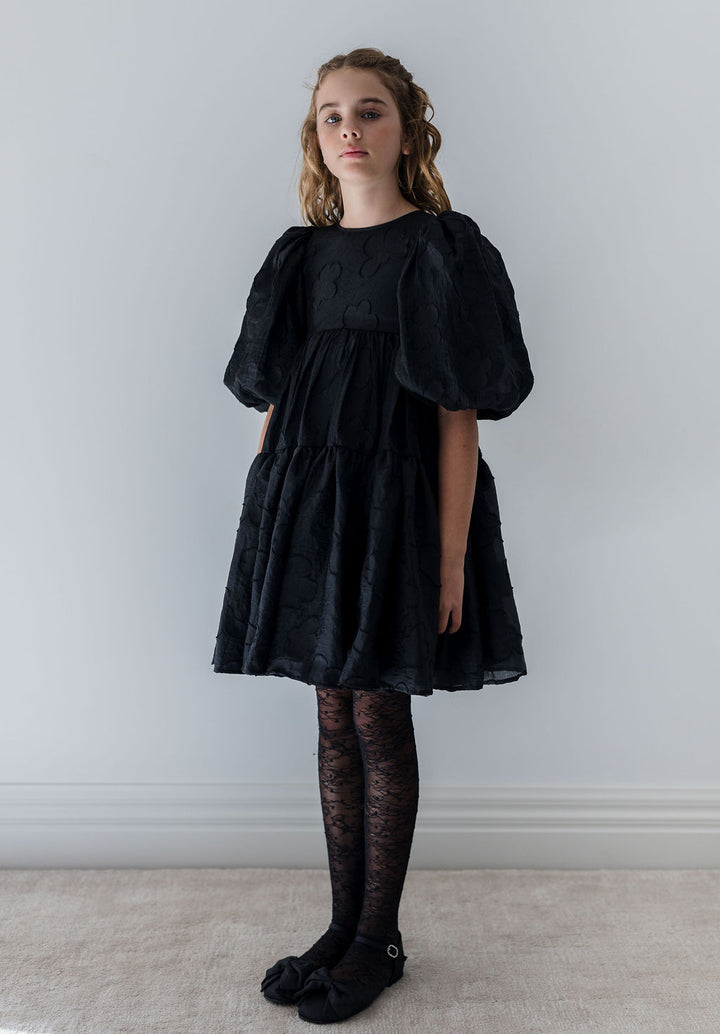 1359CH-Burnout Dress with Organza Bow-Black
