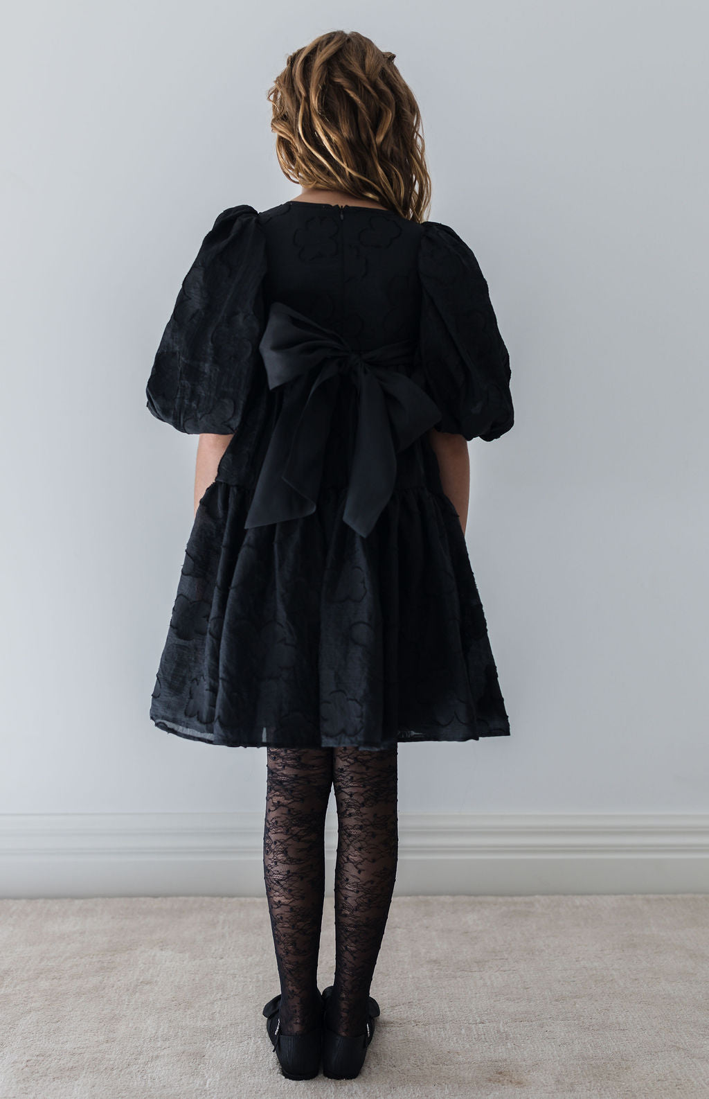1359CH-Burnout Dress with Organza Bow-Black