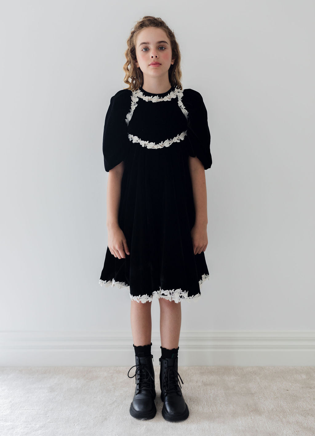 1371-Rose Lace Velvet Dress-Black/Cream