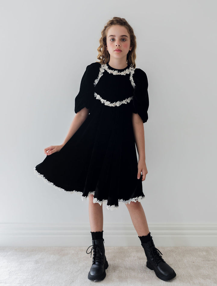 1371-Rose Lace Velvet Dress-Black/Cream