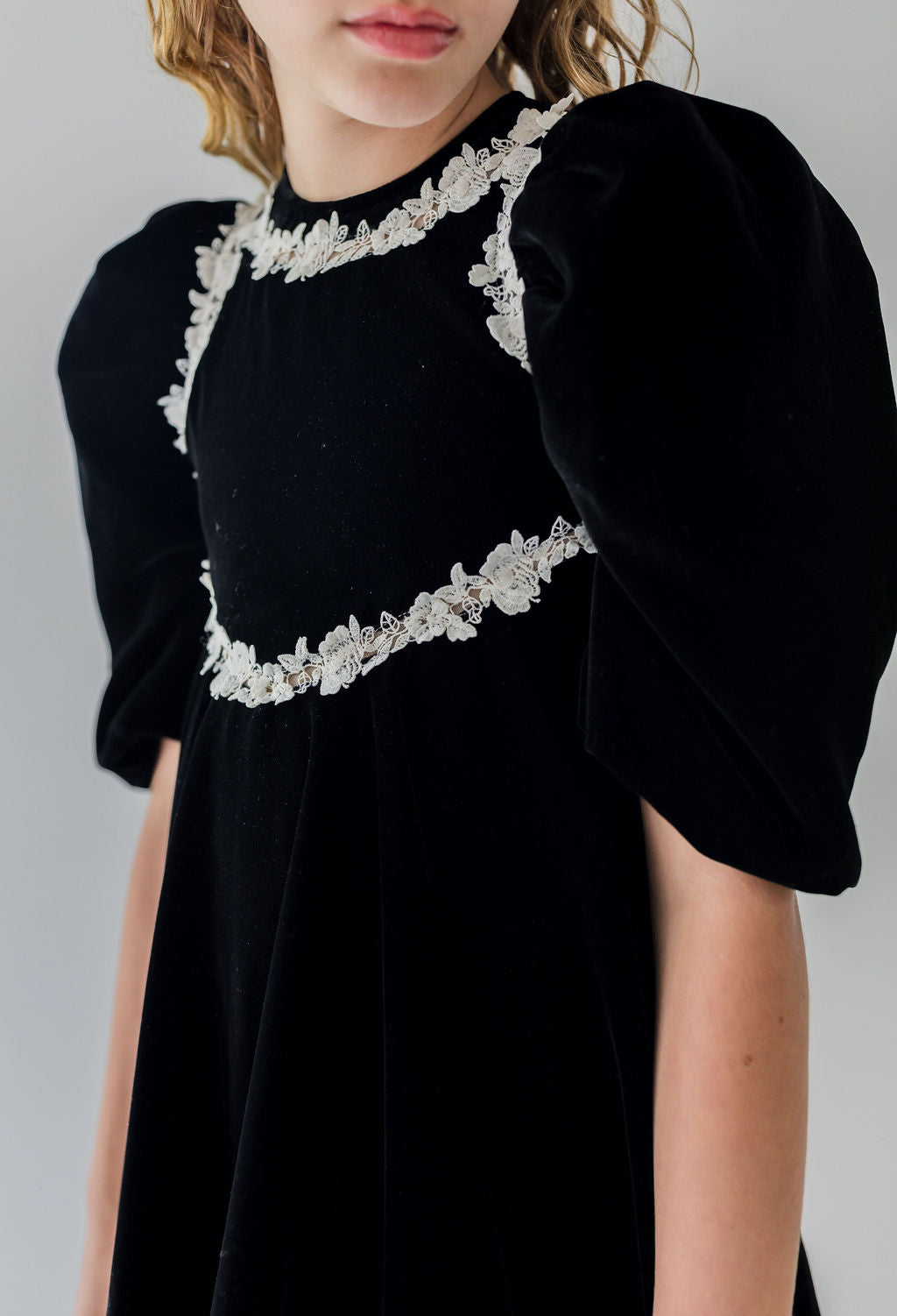 1371-Rose Lace Velvet Dress-Black/Cream