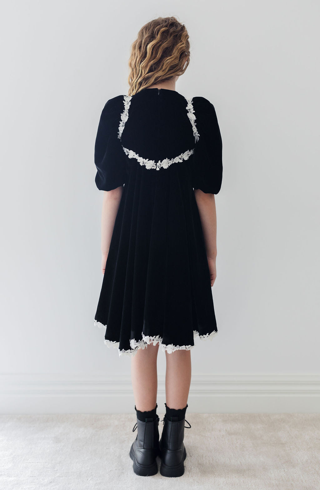 1371-Rose Lace Velvet Dress-Black/Cream