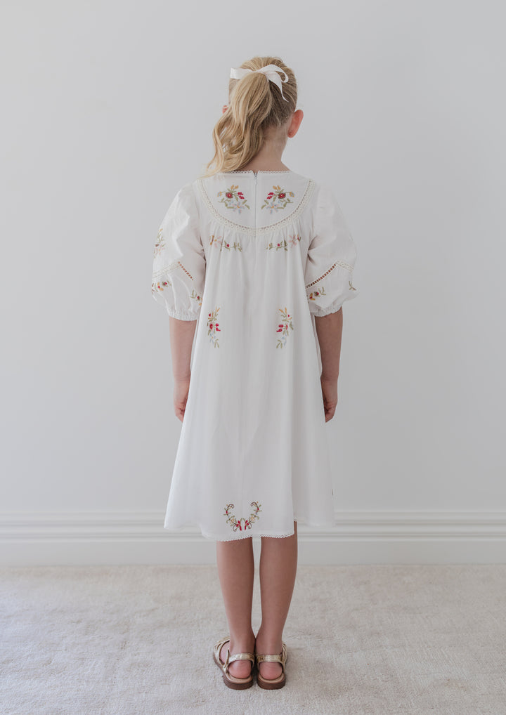 1380-WHITE CROSS STITCH ELBOW SLEEVE DRESS