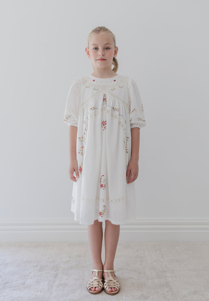 1380-WHITE CROSS STITCH ELBOW SLEEVE DRESS