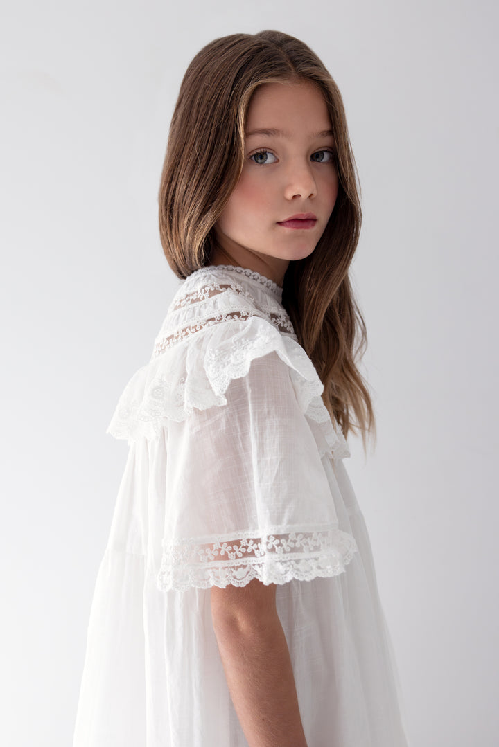 1393-WHITE LACE TRIM COLLAR SMOCK DRESS