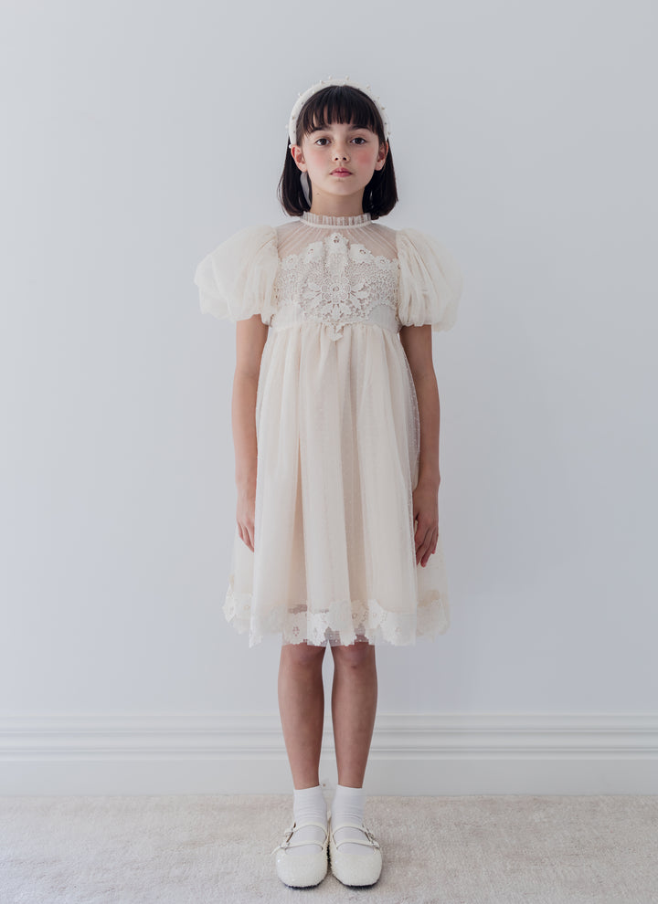 1399-VINTAGE APPLIQUE BODICE TULLE DRESS-VANILLA