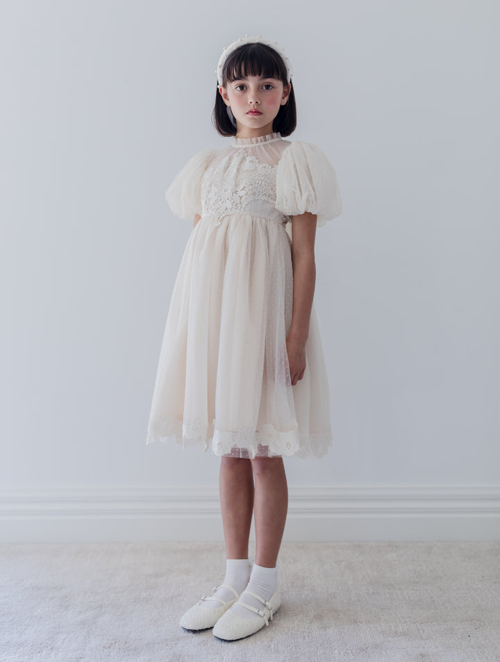 1399-VINTAGE APPLIQUE BODICE TULLE DRESS-VANILLA