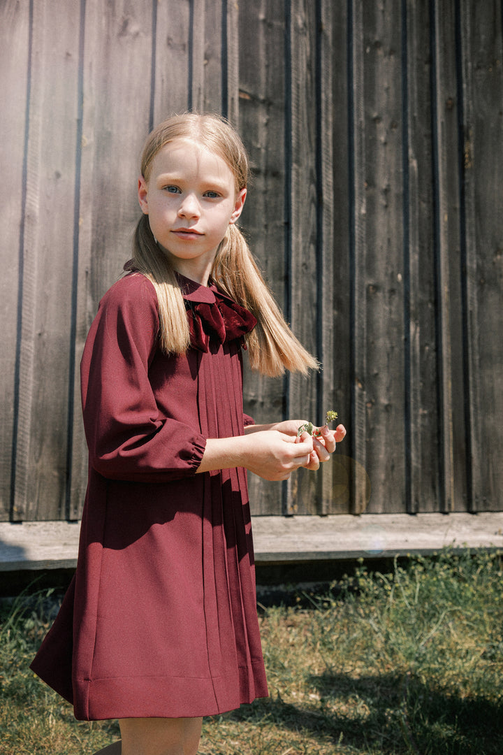 NDR610 NECK BOW PLEATED DRESS - WINE