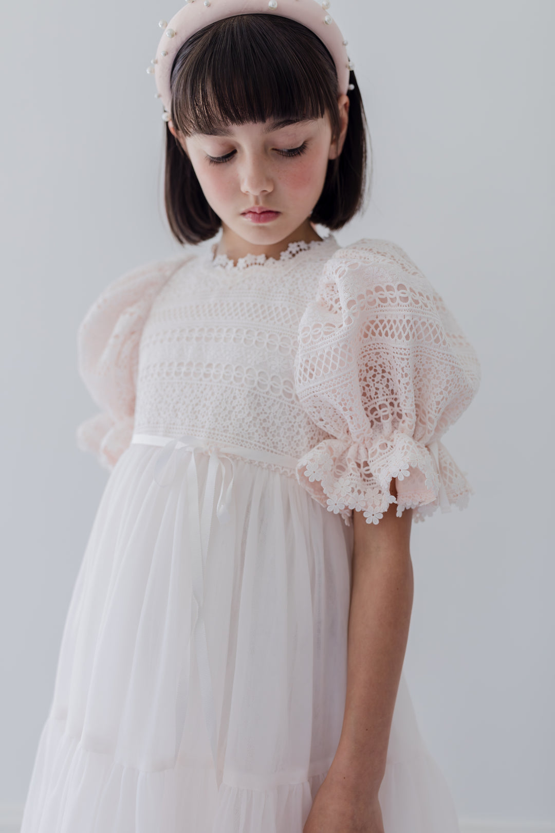 1419-DRESS-DAISY CHAIN LACE BODICE TULLE DRESS-ICE PINK