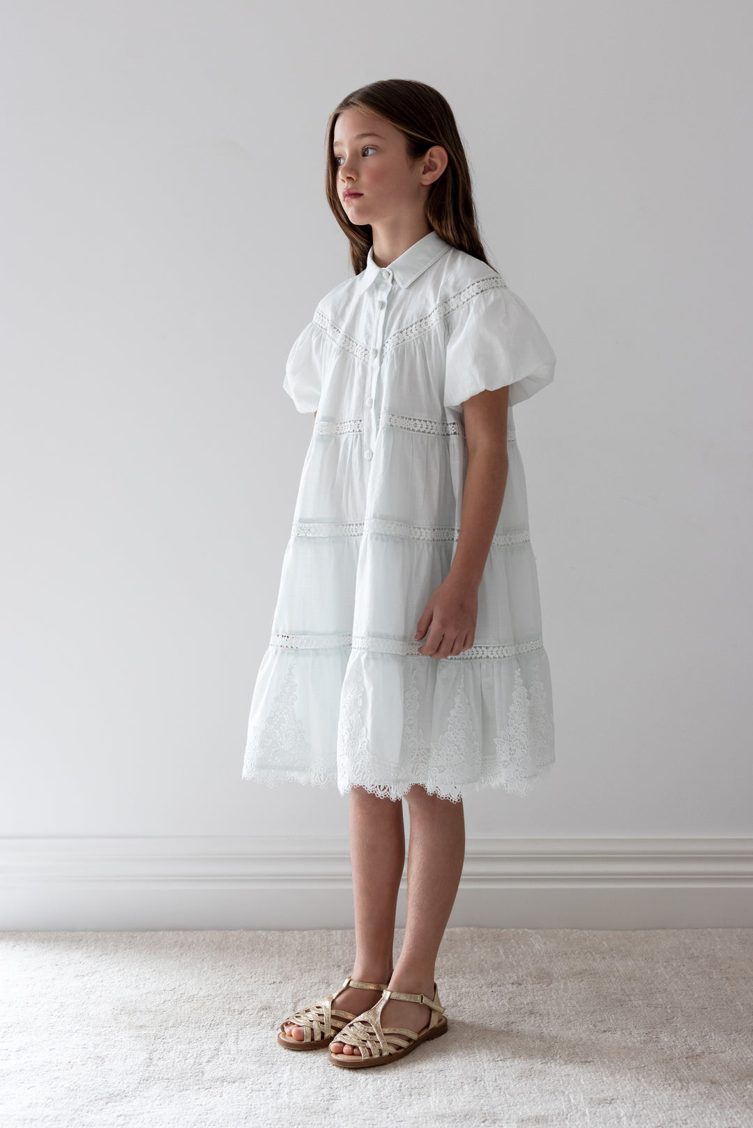 1420-ELBOW-ELBOW SLV WHISPER BLUE LACE HEM SHIRT DRESS