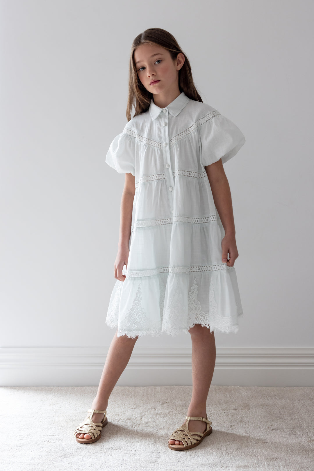 1420-S/S WHISPER BLUE LACE HEM SHIRT DRESS