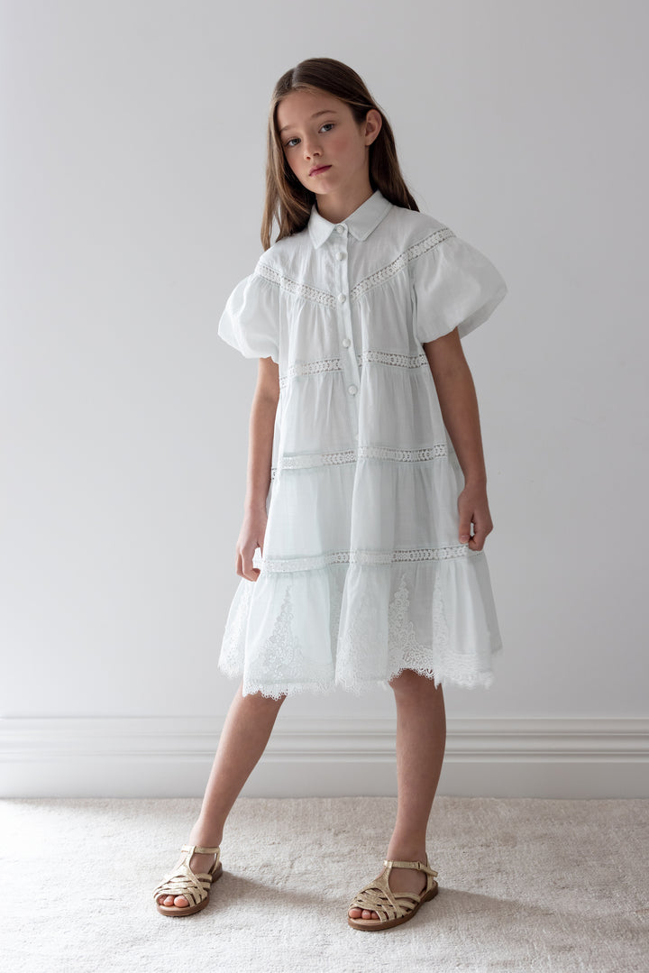 1420-S/S WHISPER BLUE LACE HEM SHIRT DRESS