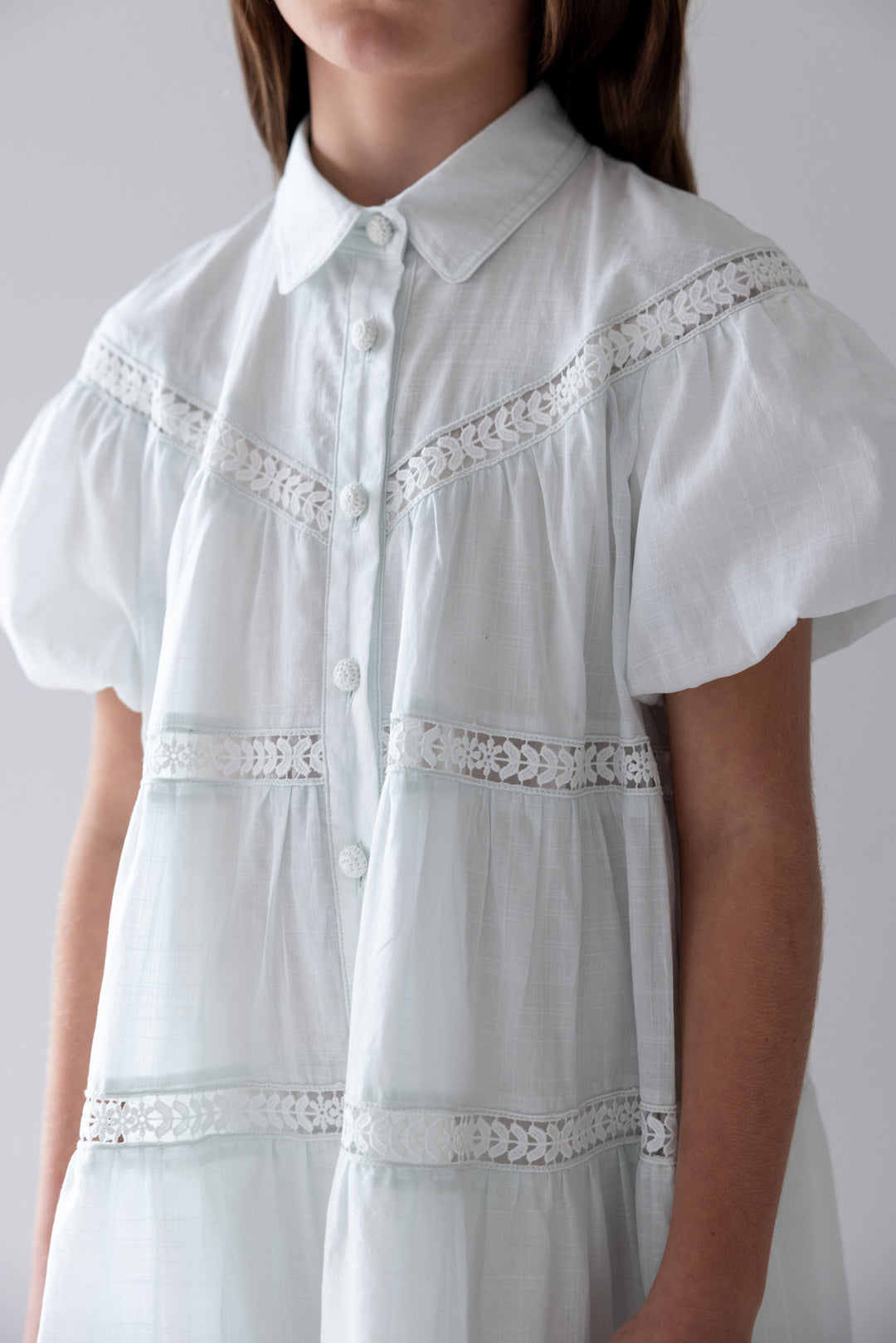 1420-S/S WHISPER BLUE LACE HEM SHIRT DRESS