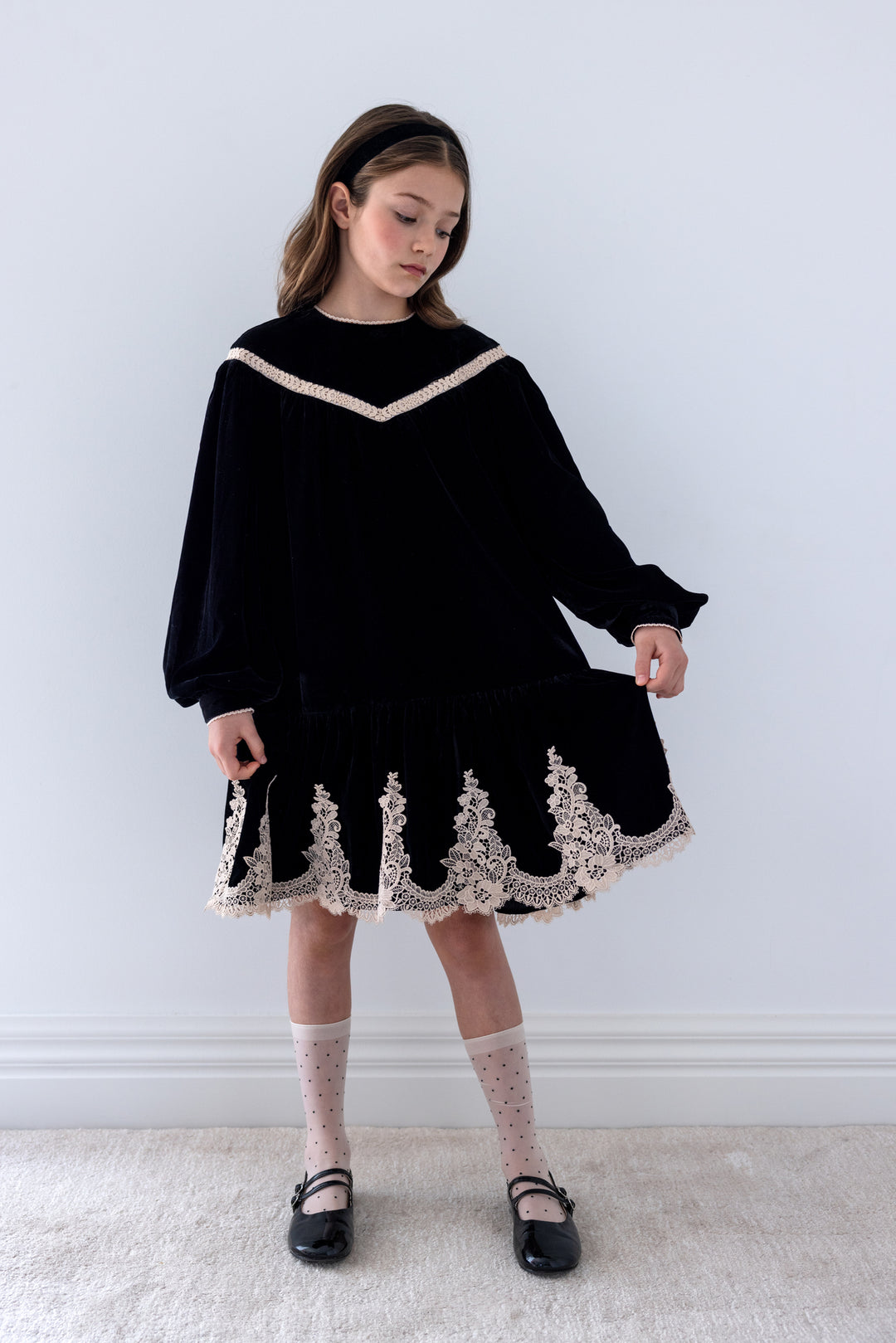 1468 Lace Hem Velvet Smock Dress