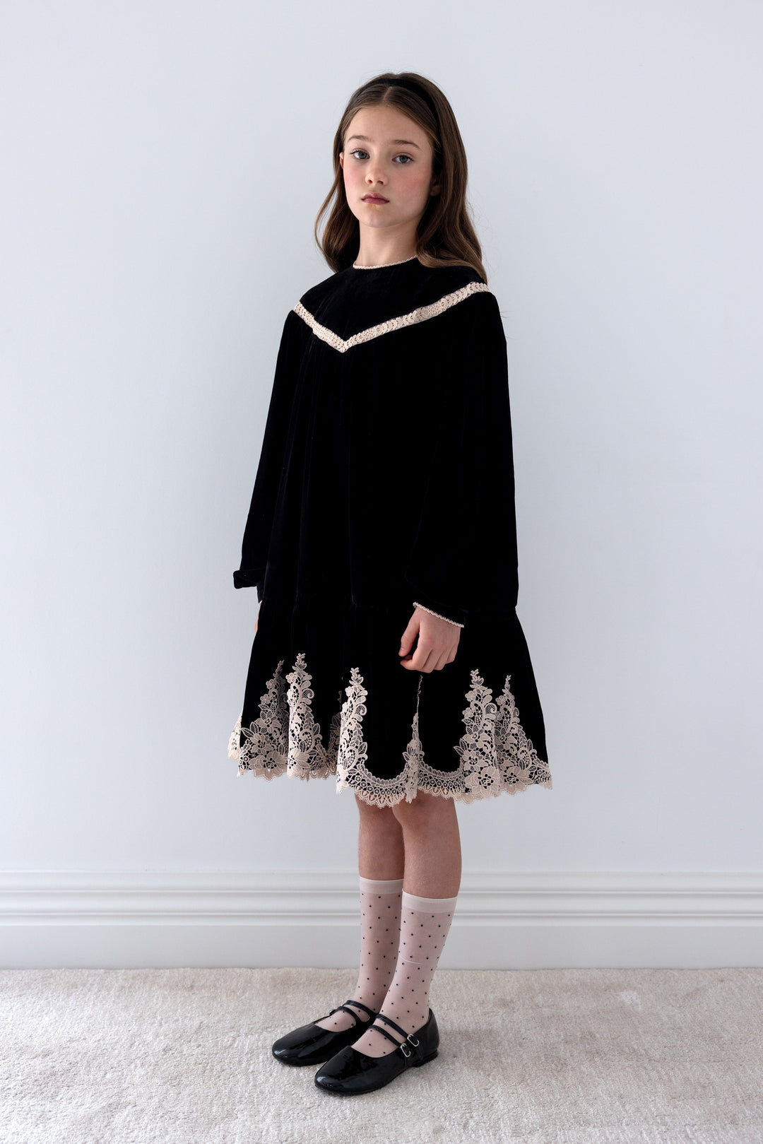 1468 Lace Hem Velvet Smock Dress