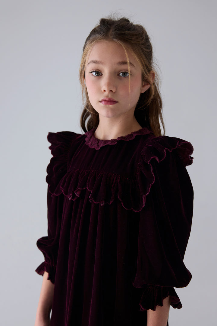 1484 Dark Cherry Lace Trim Velvet Dress - Dark Cherry