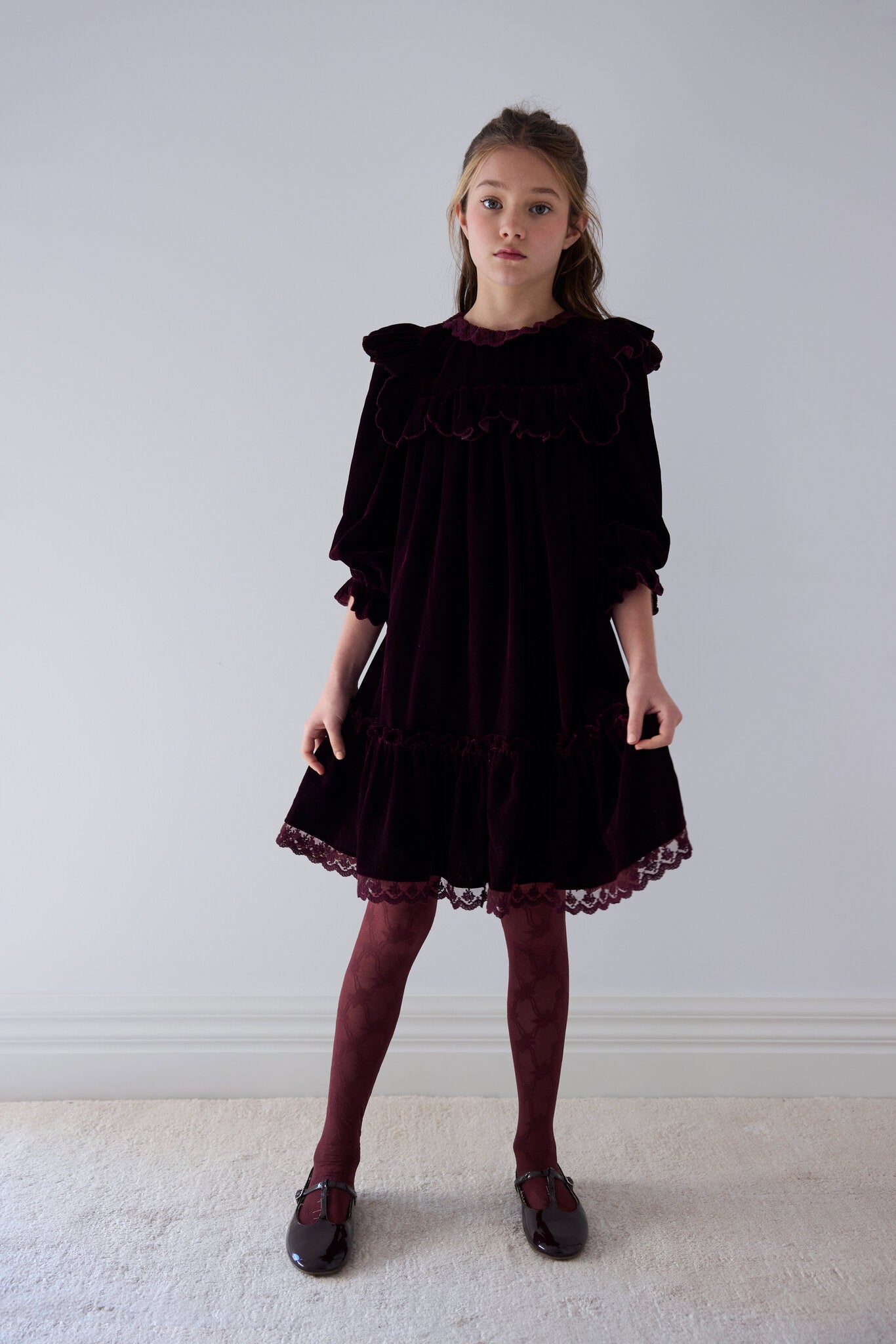 1484 Dark Cherry Lace Trim Velvet Dress - Dark Cherry – whoopikids
