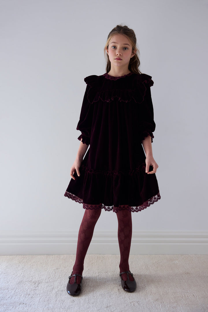 1484 Dark Cherry Lace Trim Velvet Dress - Dark Cherry