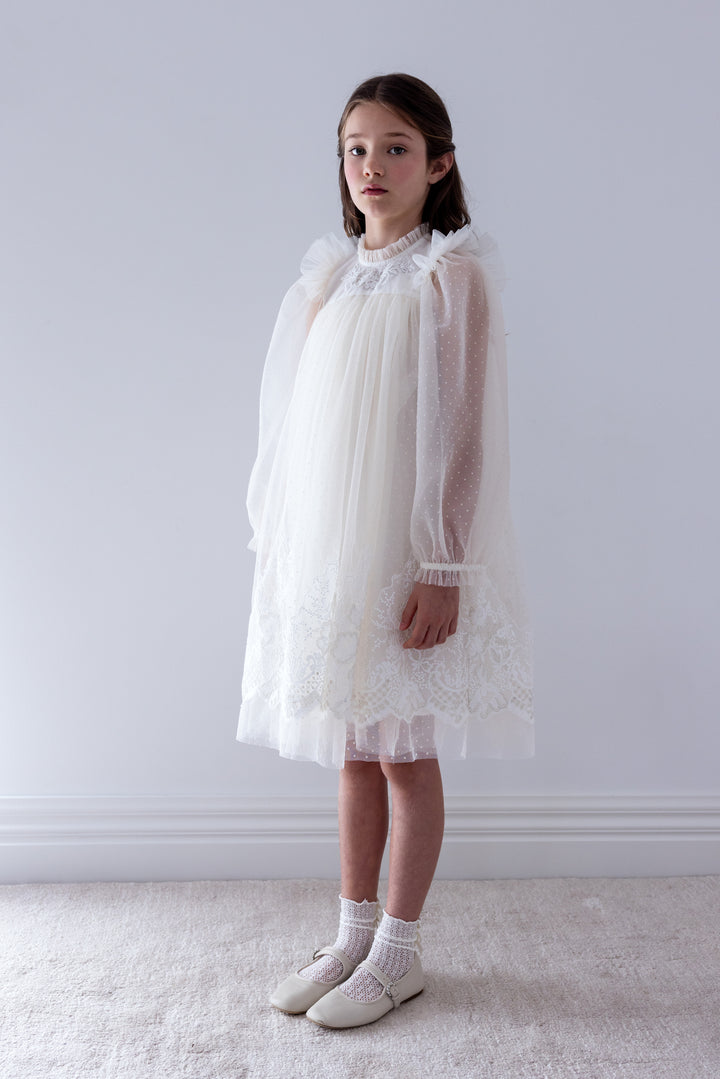 1489 Lace Applique Hem Spot Tulle Dress Cream