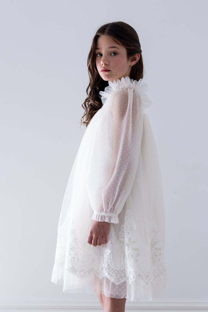 1489 Lace Applique Hem Spot Tulle Dress Cream