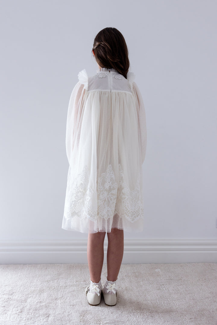 1489 Lace Applique Hem Spot Tulle Dress Cream
