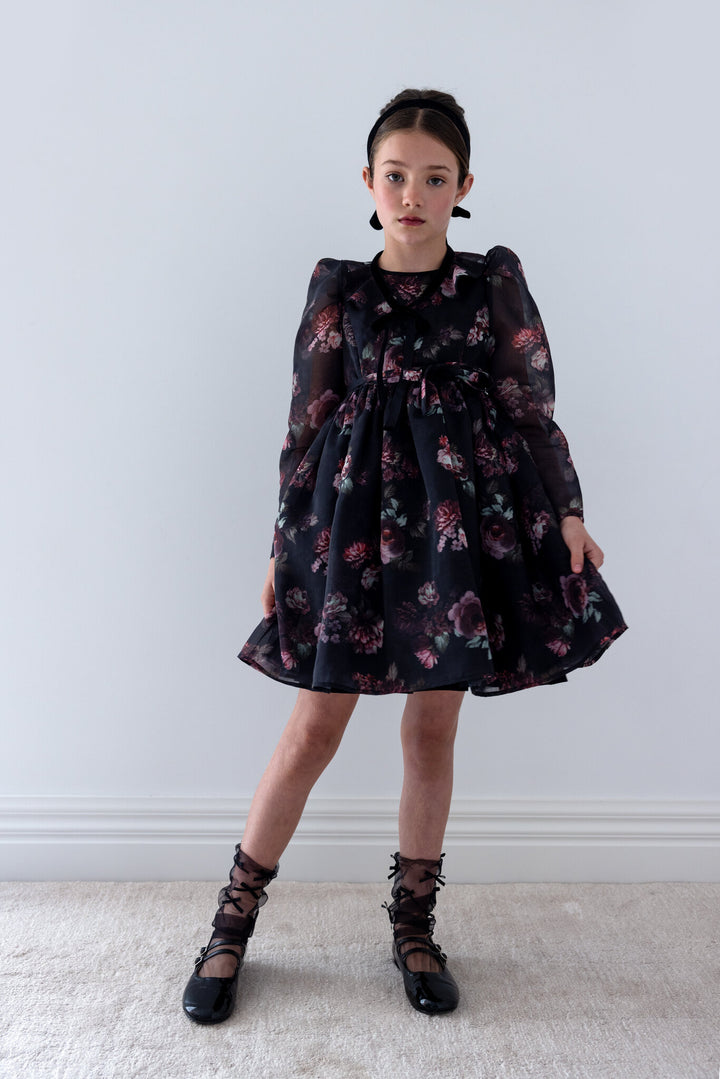1496 Black Floral Organza Dress - Black Floral