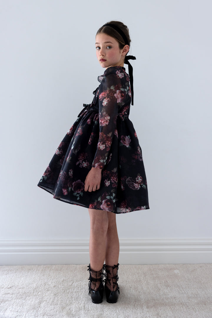1496 Black Floral Organza Dress - Black Floral